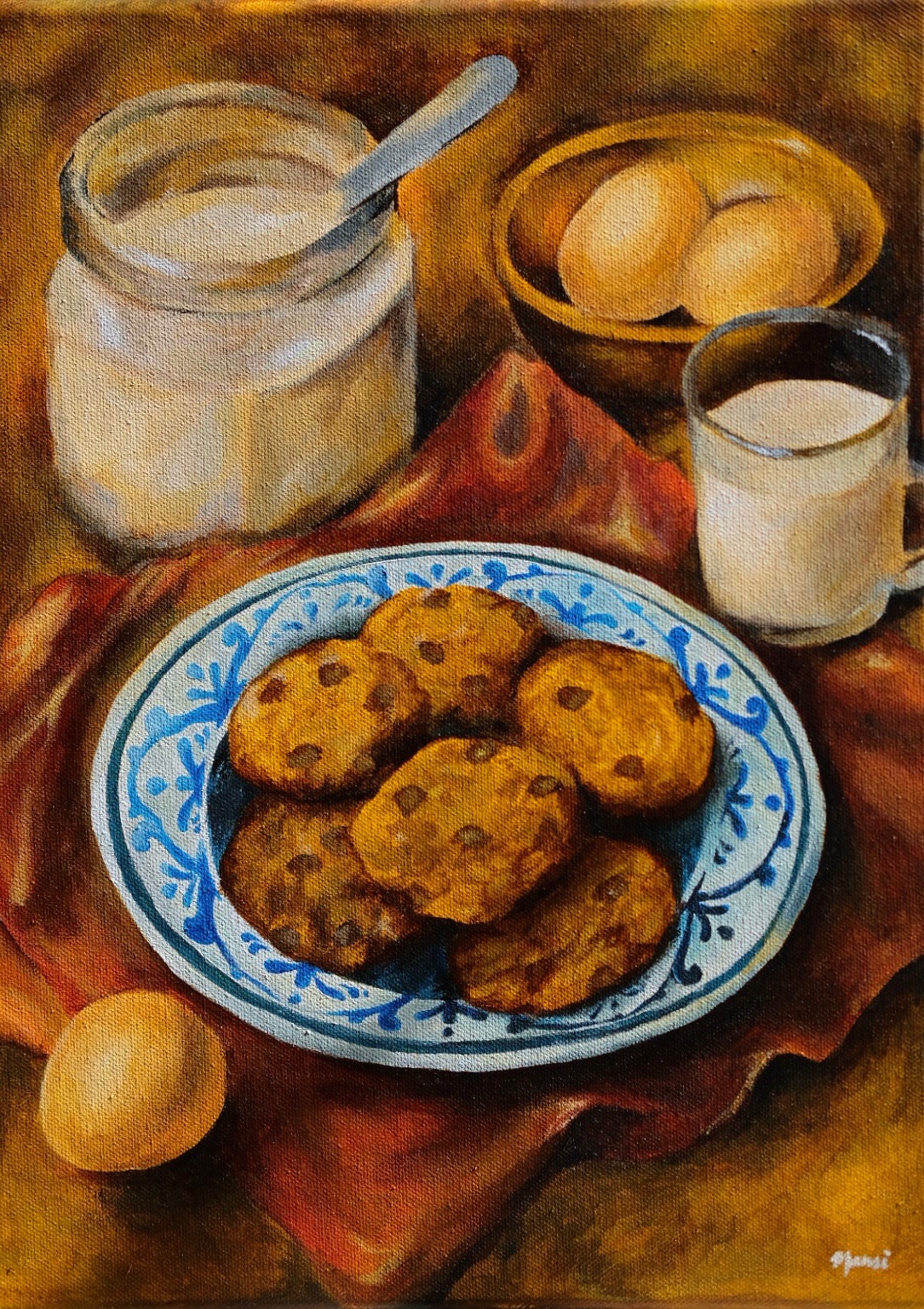 Still life painting of cookies, milk, and eggs