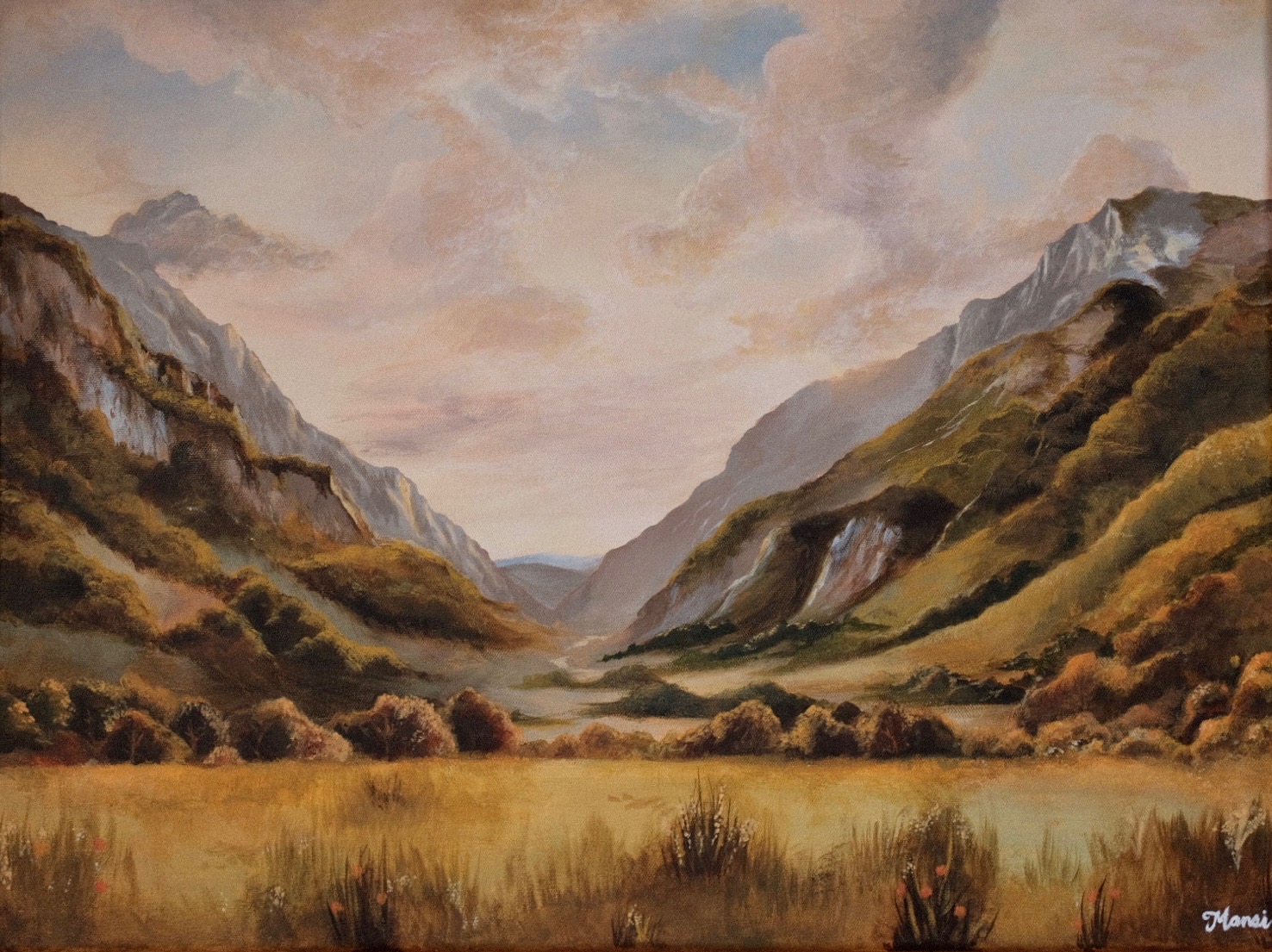 Landscape painting of a mountain valley